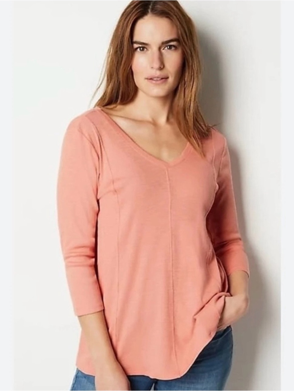 J. Jill Pink/Coral 100% Pima Cotton 3/4 Sleeve Top Soft Knit Seamed Size L